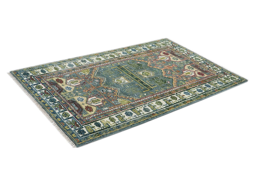 5x8 Teal, Ivory, Lime Color Hand Knotted Oushak Wool Transitional Oriental Rug