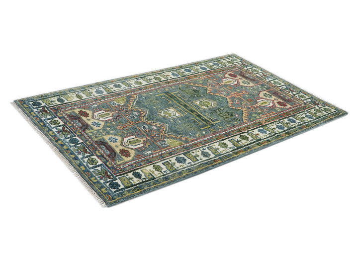 5x8 Teal, Ivory, Lime Color Hand Knotted Oushak Wool Transitional Oriental Rug