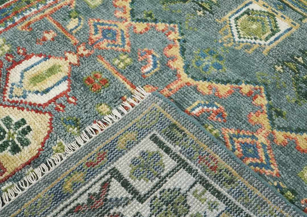 5x8 Teal, Ivory, Lime Color Hand Knotted Oushak Wool Transitional Oriental Rug