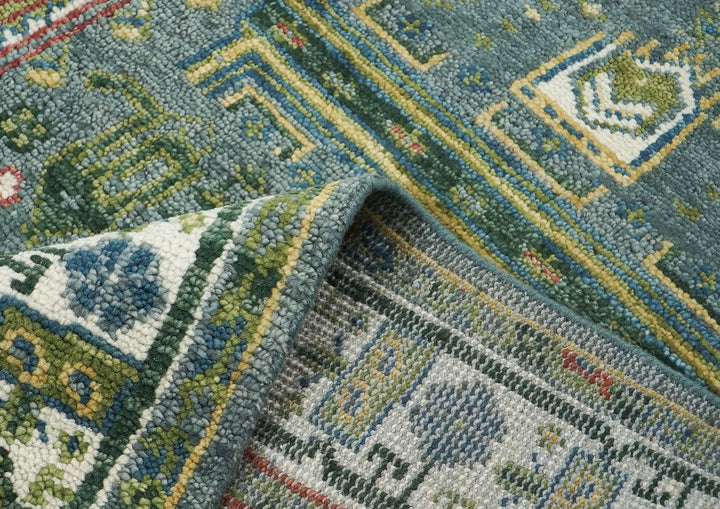 5x8 Teal, Ivory, Lime Color Hand Knotted Oushak Wool Transitional Oriental Rug