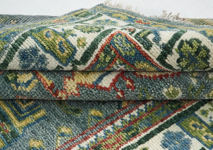 5x8 Teal, Ivory, Lime Color Hand Knotted Oushak Wool Transitional Oriental Rug