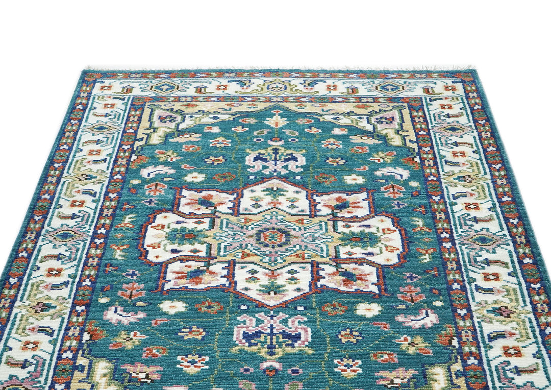 5x8 Turquoise, Ivory, Burnt Orange Go Color Hand Knotted Oushak Wool Traditional Oriental Rug