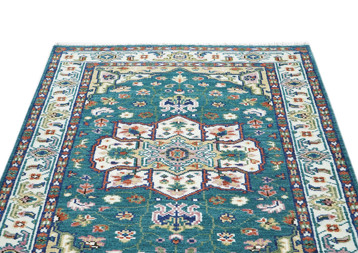 5x8 Turquoise, Ivory, Burnt Orange Go Color Hand Knotted Oushak Wool Traditional Oriental Rug