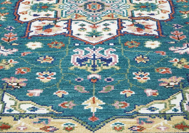 5x8 Turquoise, Ivory, Burnt Orange Go Color Hand Knotted Oushak Wool Traditional Oriental Rug