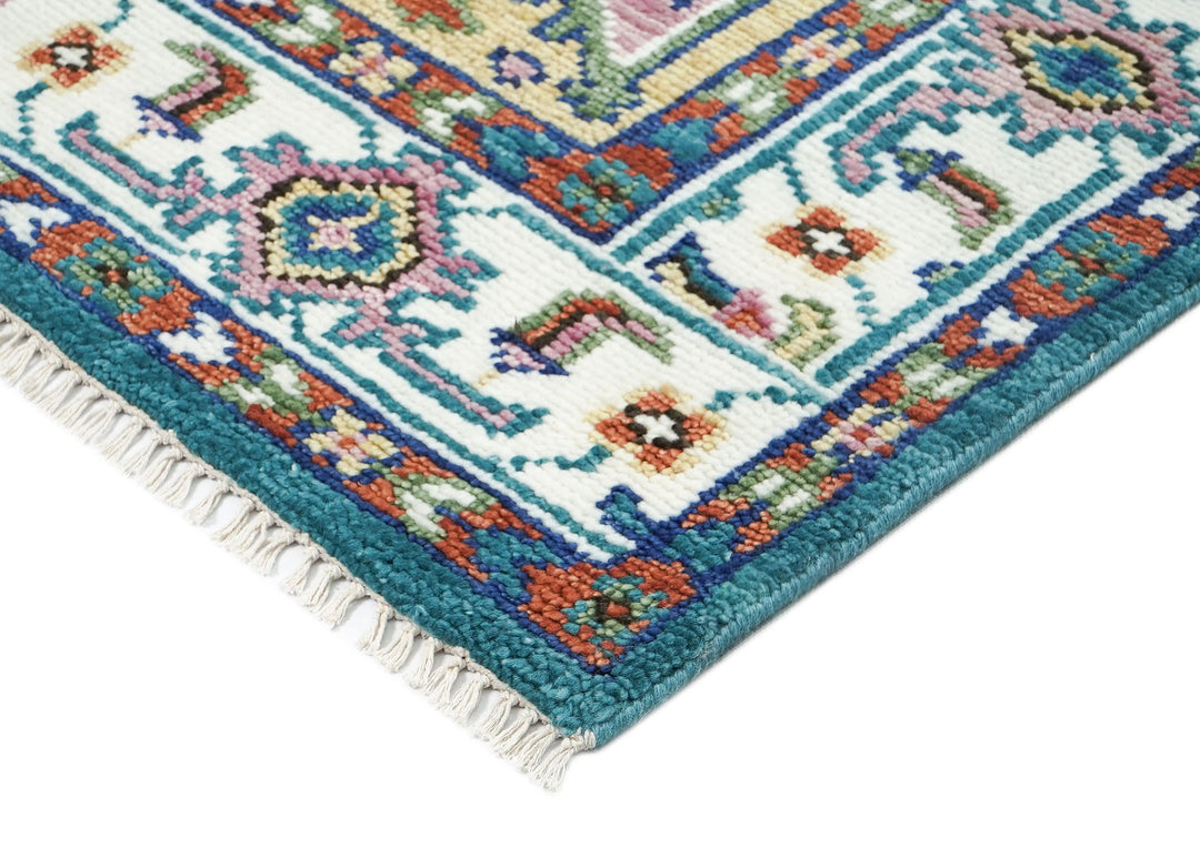 5x8 Turquoise, Ivory, Burnt Orange Go Color Hand Knotted Oushak Wool Traditional Oriental Rug