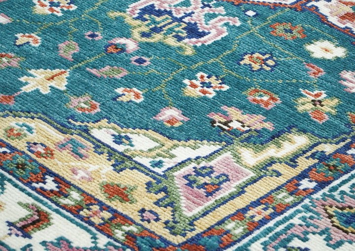 5x8 Turquoise, Ivory, Burnt Orange Go Color Hand Knotted Oushak Wool Traditional Oriental Rug