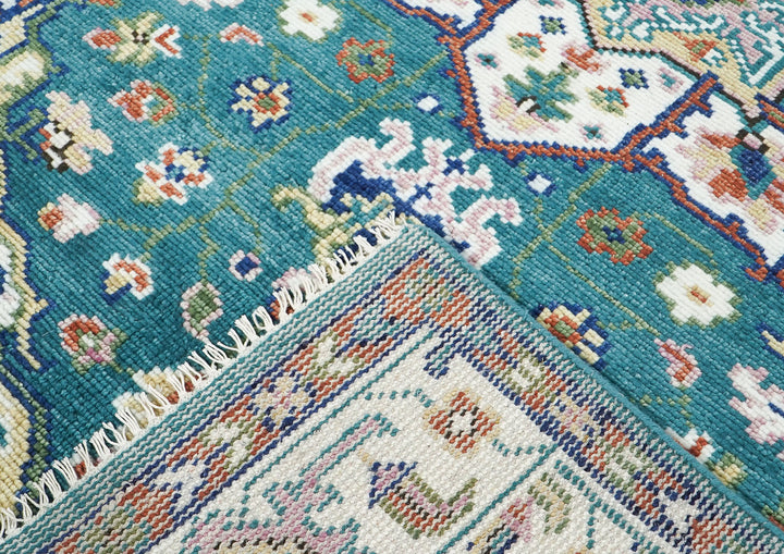 5x8 Turquoise, Ivory, Burnt Orange Go Color Hand Knotted Oushak Wool Traditional Oriental Rug