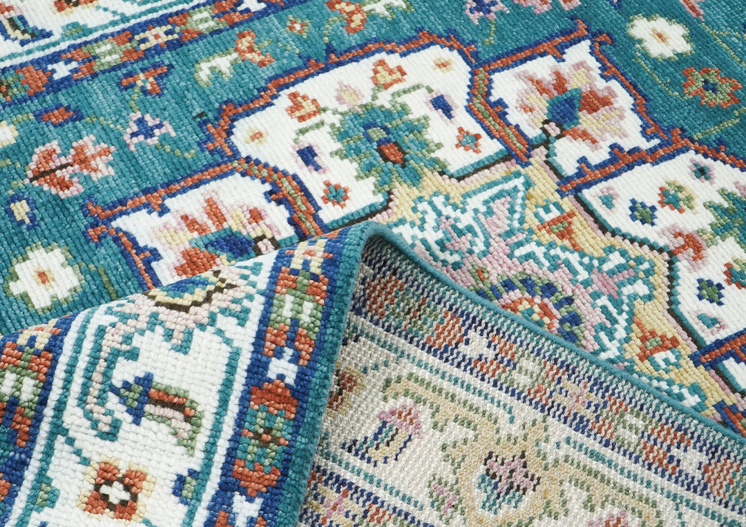 5x8 Turquoise, Ivory, Burnt Orange Go Color Hand Knotted Oushak Wool Traditional Oriental Rug