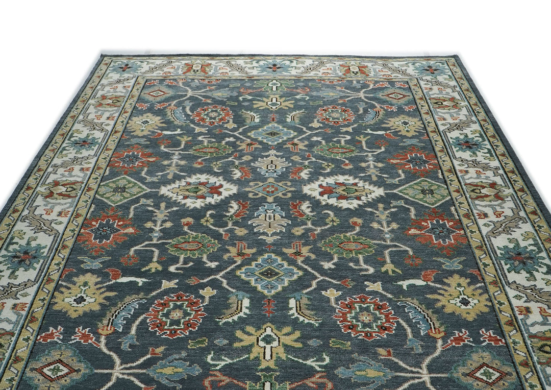 10x14 Dark Blue, Ivory, Green Color Hand Knotted Oushak Wool Arts and Crafts Oriental Rug