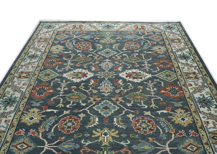10x14 Dark Blue, Ivory, Green Color Hand Knotted Oushak Wool Arts and Crafts Oriental Rug
