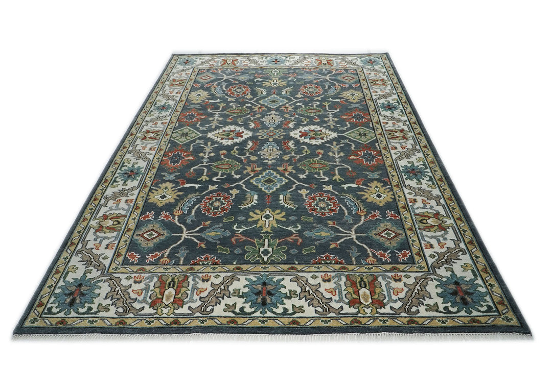 10x14 Dark Blue, Ivory, Green Color Hand Knotted Oushak Wool Arts and Crafts Oriental Rug