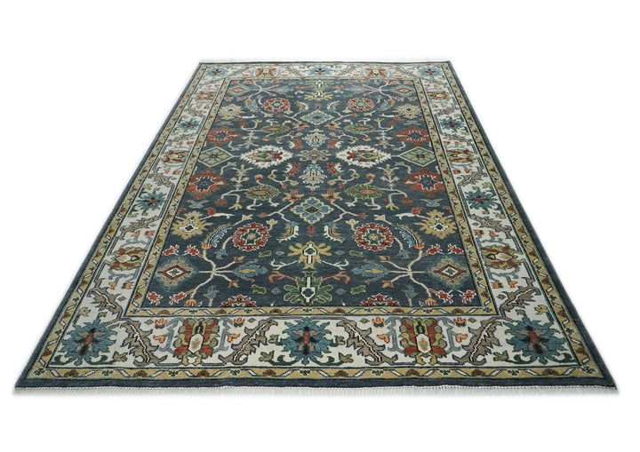 10x14 Dark Blue, Ivory, Green Color Hand Knotted Oushak Wool Arts and Crafts Oriental Rug