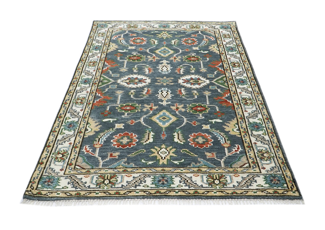 5x8 Slate, Ivory, Burnt Orange Go Color Hand Knotted Oushak Wool Arts & Crafts Oriental Rug