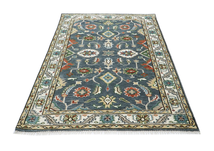 5x8 Slate, Ivory, Burnt Orange Go Color Hand Knotted Oushak Wool Arts & Crafts Oriental Rug