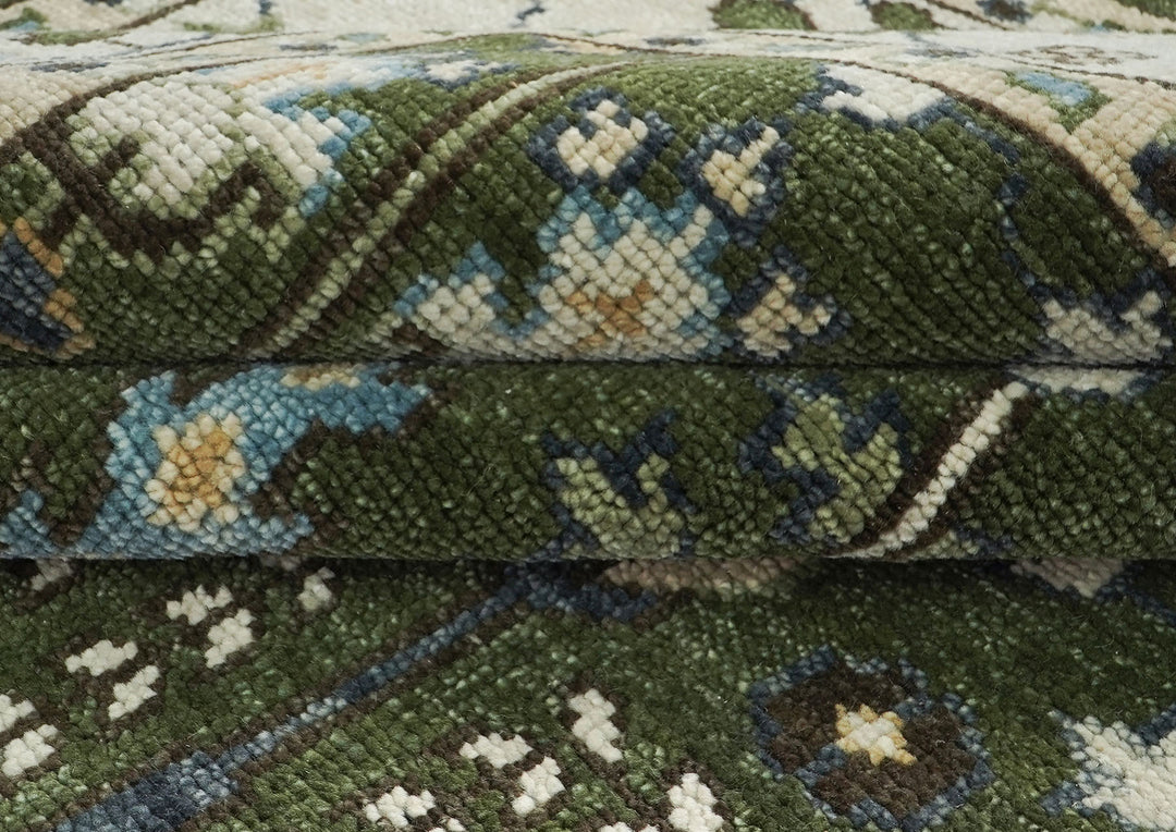 10x14 Green, Ivory, Tan Color Hand Knotted Oushak Wool Transitional Oriental Rug