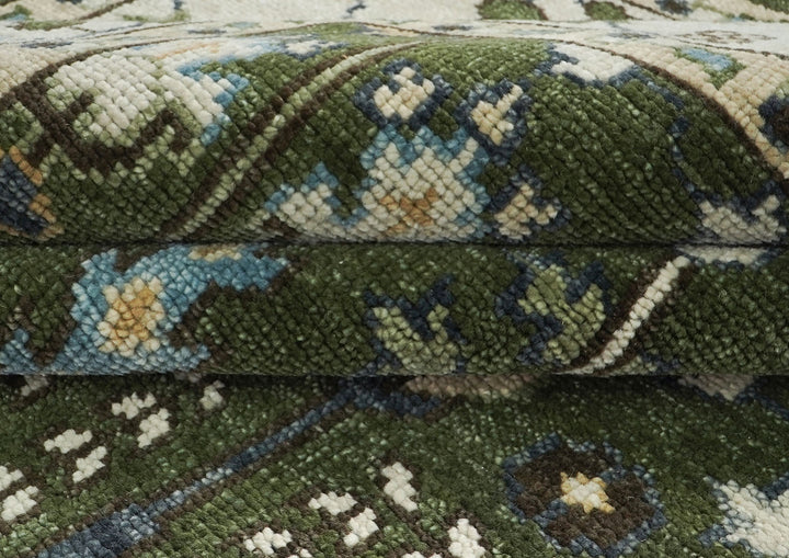 10x14 Green, Ivory, Tan Color Hand Knotted Oushak Wool Transitional Oriental Rug