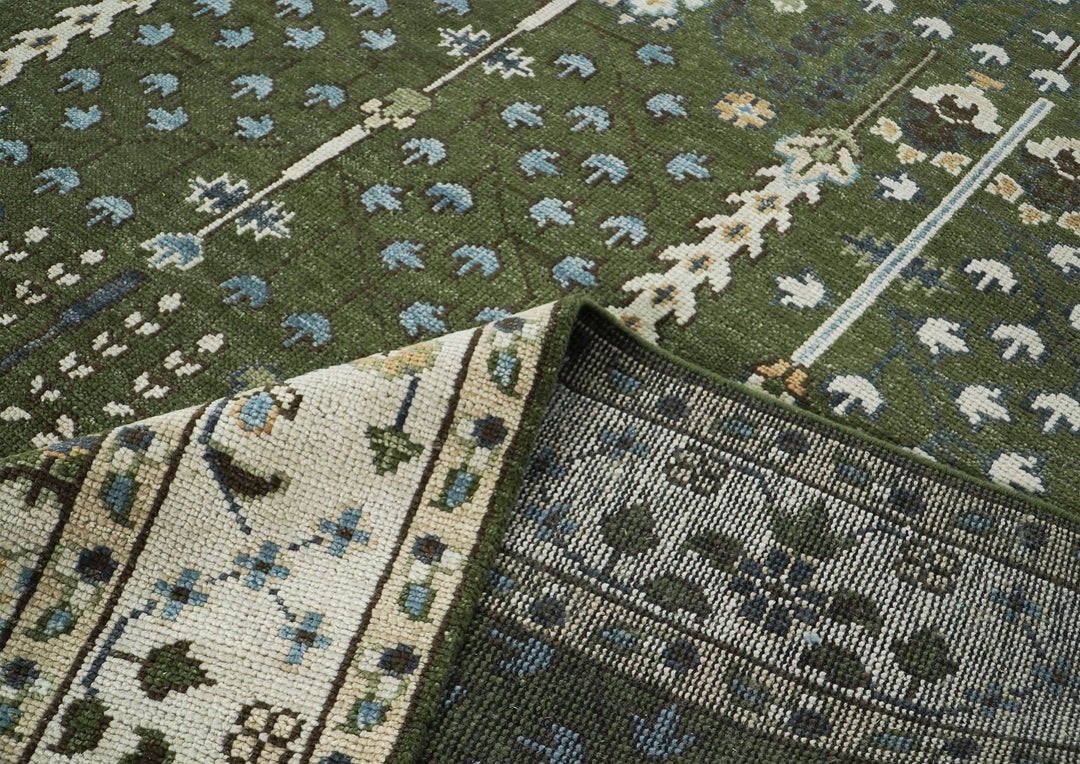 10x14 Green, Ivory, Tan Color Hand Knotted Oushak Wool Transitional Oriental Rug