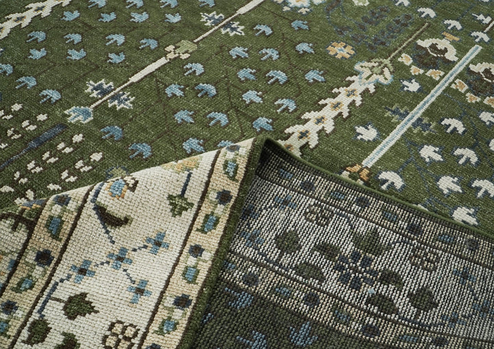 10x14 Green, Ivory, Tan Color Hand Knotted Oushak Wool Transitional Oriental Rug