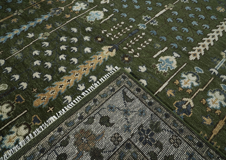 10x14 Green, Ivory, Tan Color Hand Knotted Oushak Wool Transitional Oriental Rug