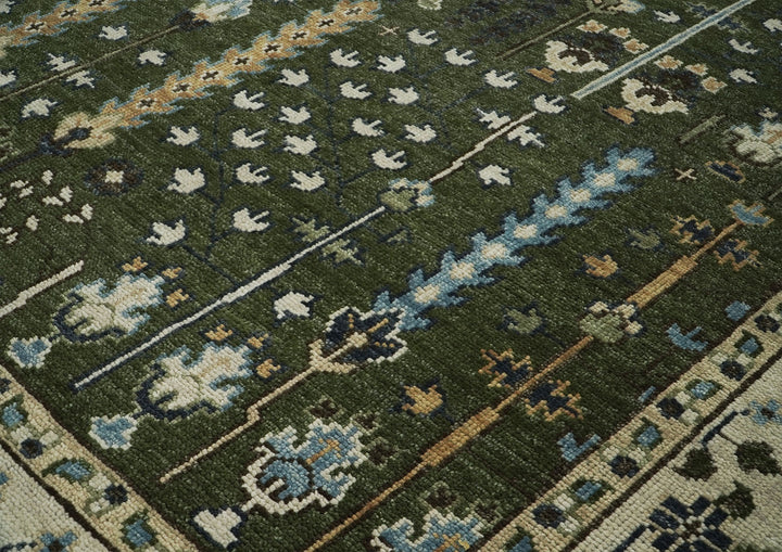 10x14 Green, Ivory, Tan Color Hand Knotted Oushak Wool Transitional Oriental Rug