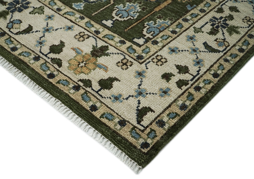 10x14 Green, Ivory, Tan Color Hand Knotted Oushak Wool Transitional Oriental Rug
