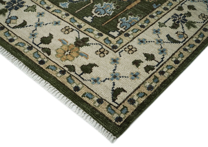 10x14 Green, Ivory, Tan Color Hand Knotted Oushak Wool Transitional Oriental Rug