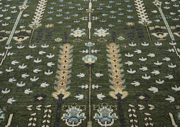 10x14 Green, Ivory, Tan Color Hand Knotted Oushak Wool Transitional Oriental Rug