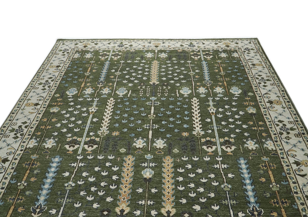 10x14 Green, Ivory, Tan Color Hand Knotted Oushak Wool Transitional Oriental Rug