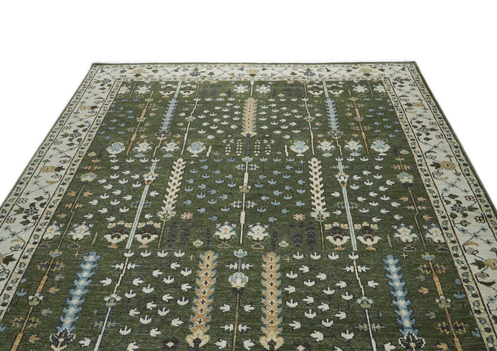 10x14 Green, Ivory, Tan Color Hand Knotted Oushak Wool Transitional Oriental Rug