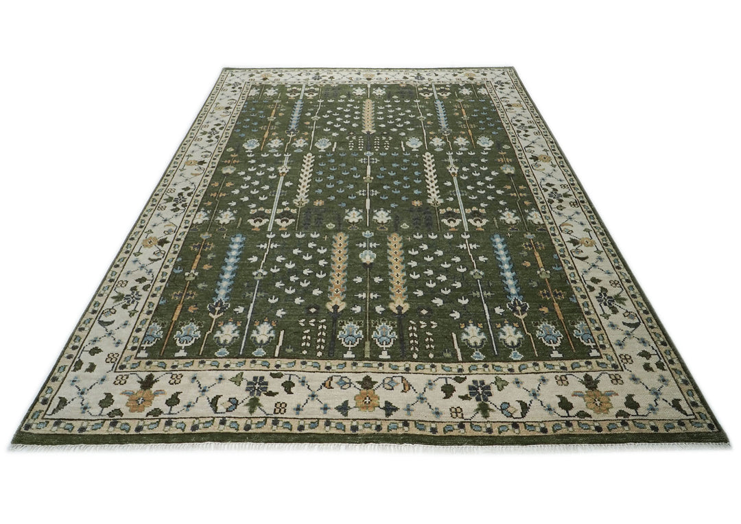 10x14 Green, Ivory, Tan Color Hand Knotted Oushak Wool Transitional Oriental Rug
