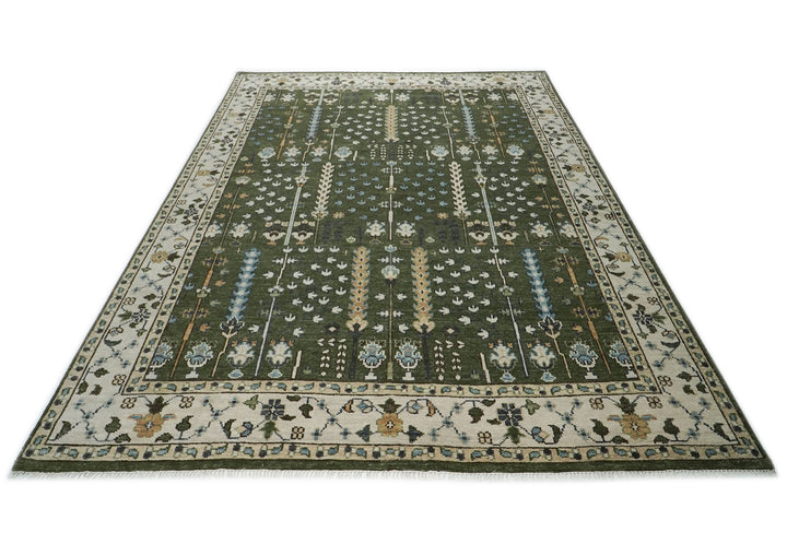 10x14 Green, Ivory, Tan Color Hand Knotted Oushak Wool Transitional Oriental Rug