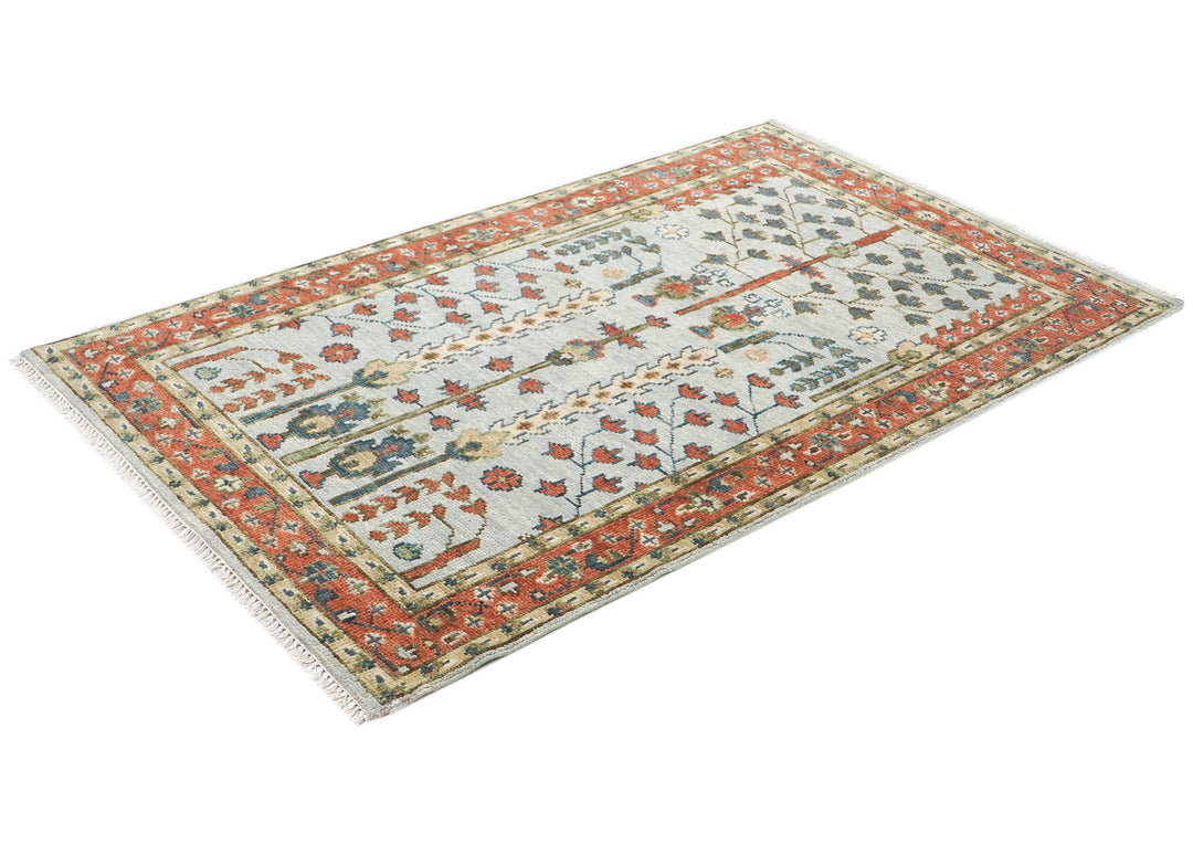 5x8 Gray, Blue, Burnt Orange Go Color Hand Knotted Oushak Wool Transitional Oriental Rug