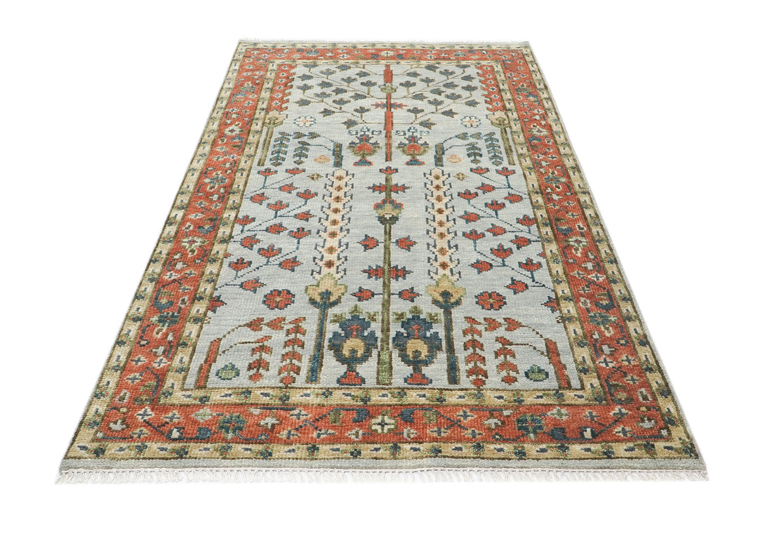 5x8 Gray, Blue, Burnt Orange Go Color Hand Knotted Oushak Wool Transitional Oriental Rug