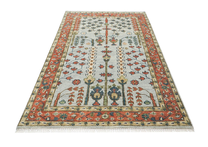 5x8 Gray, Blue, Burnt Orange Go Color Hand Knotted Oushak Wool Transitional Oriental Rug