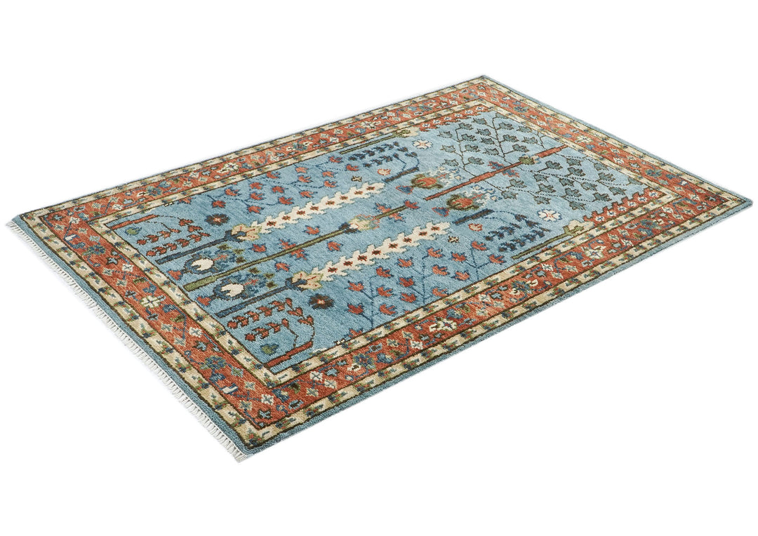 5x8 Blue, Burnt Orange, Ivory Color Hand Knotted Oushak Wool Transitional Oriental Rug