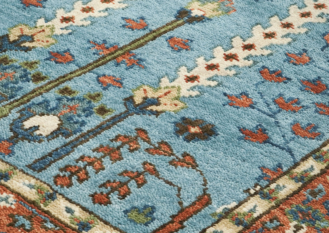 5x8 Blue, Burnt Orange, Ivory Color Hand Knotted Oushak Wool Transitional Oriental Rug