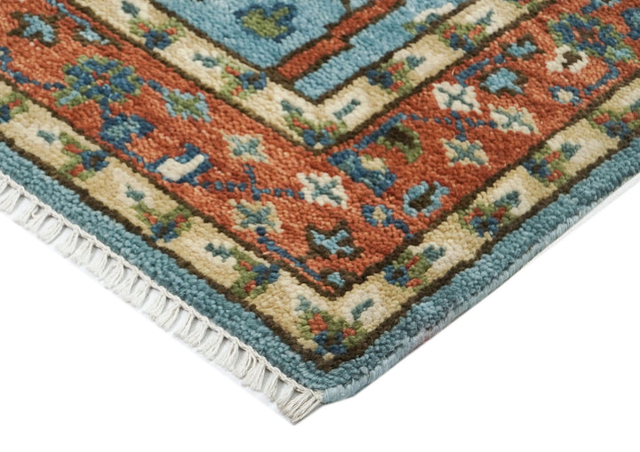 5x8 Blue, Burnt Orange, Ivory Color Hand Knotted Oushak Wool Transitional Oriental Rug