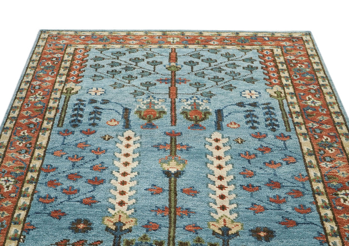 5x8 Blue, Burnt Orange, Ivory Color Hand Knotted Oushak Wool Transitional Oriental Rug