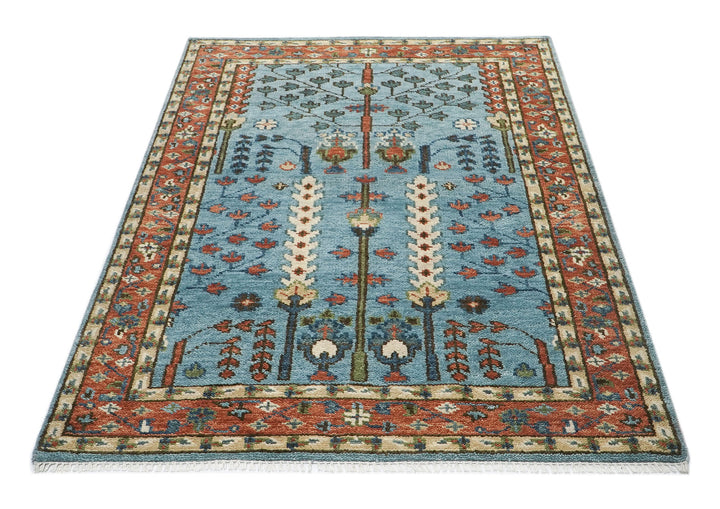 5x8 Blue, Burnt Orange, Ivory Color Hand Knotted Oushak Wool Transitional Oriental Rug