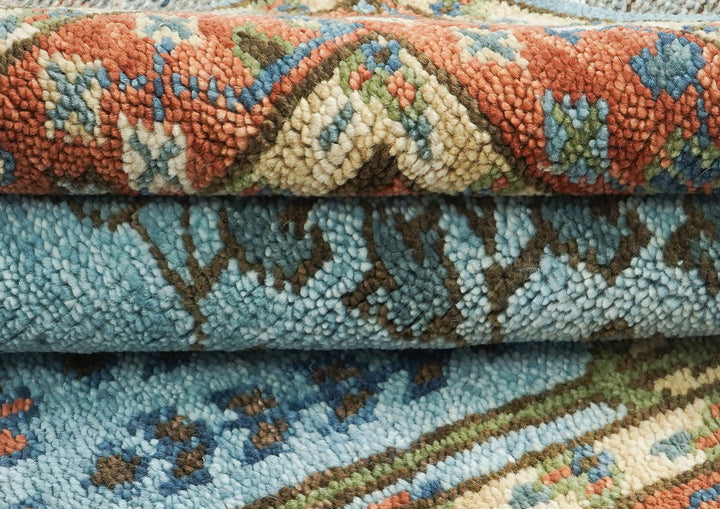 5x8 Blue, Burnt Orange, Ivory Color Hand Knotted Oushak Wool Transitional Oriental Rug