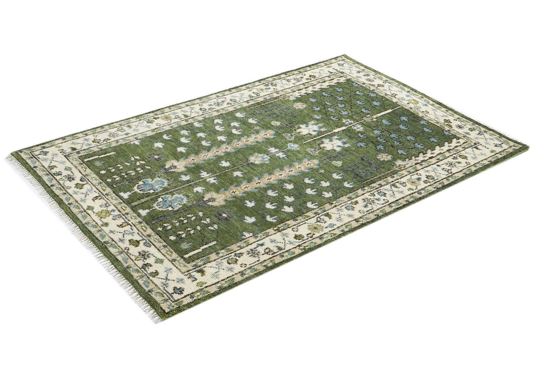 5x8 Green, Ivory, Blue Color Hand Knotted Oushak Wool Transitional Oriental Rug