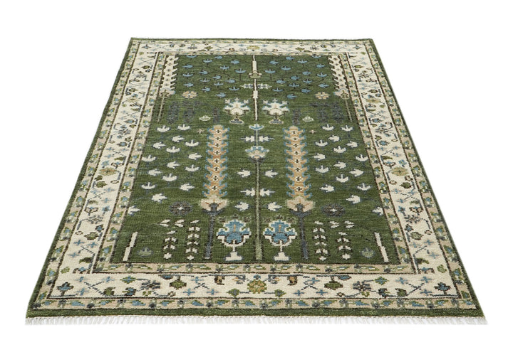 5x8 Green, Ivory, Blue Color Hand Knotted Oushak Wool Transitional Oriental Rug