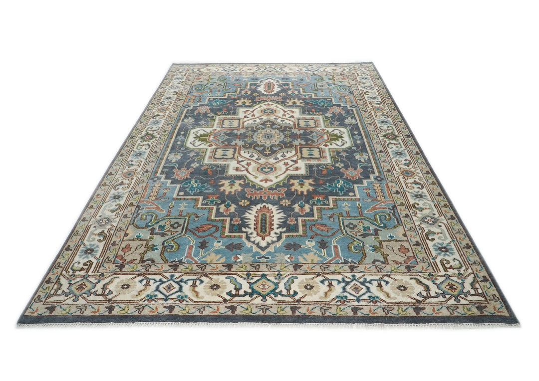 10x14 Blue, Ivory, Green Color Hand Knotted Oushak Wool  Oriental Rug