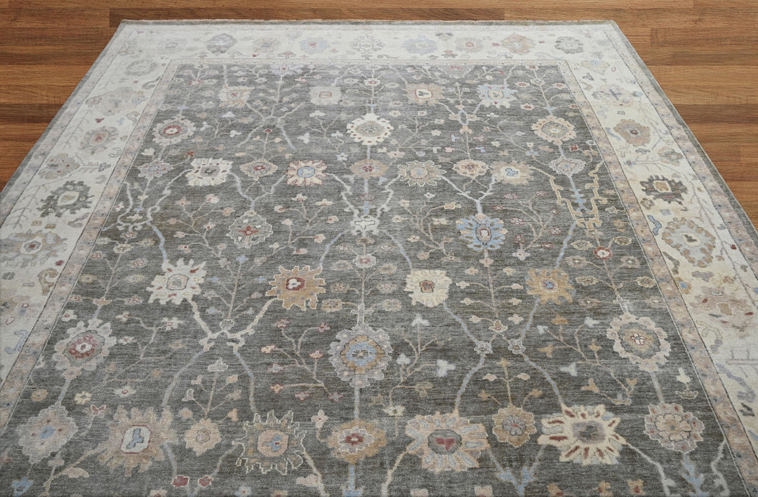 Celeste Rugs Hand Knotted 10x14 Wool Oriental Area Rug Gray Featuring a Timeless Turkish Oushak Design.