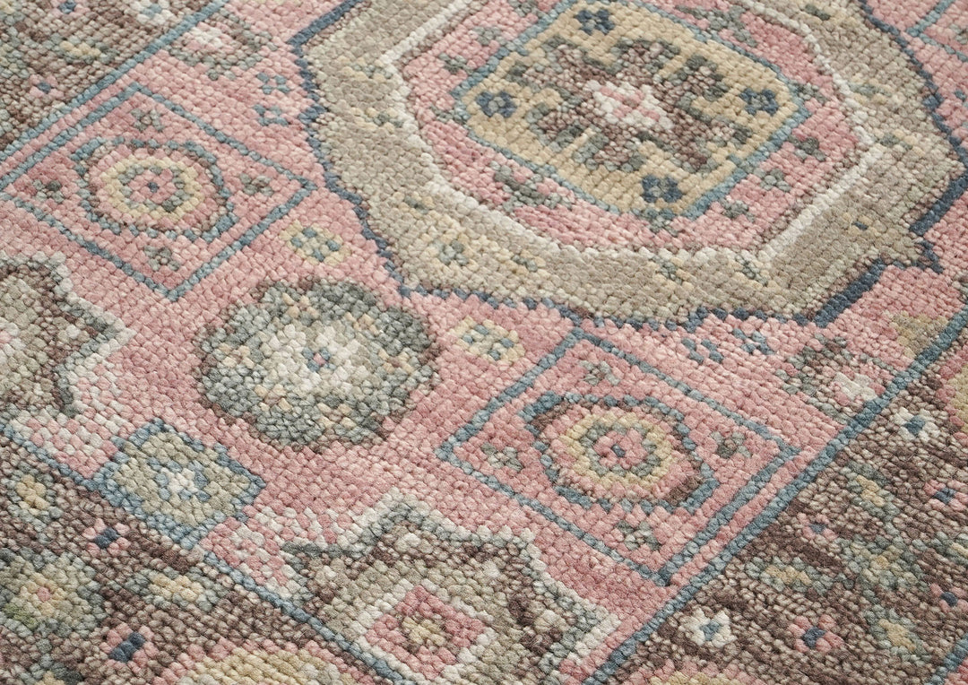 Runner Blush, Gray, Ivory Color Hand Knotted Oushak Wool Transitional Oriental Rug