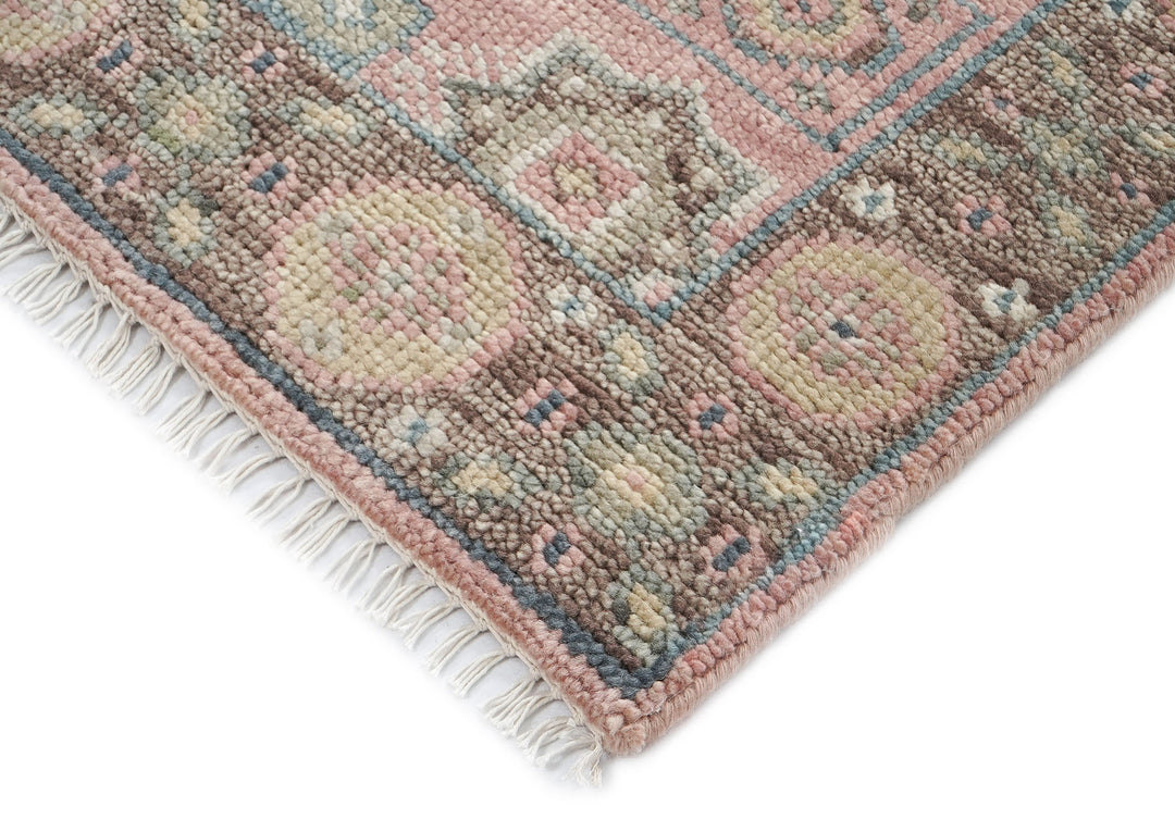 Runner Blush, Gray, Ivory Color Hand Knotted Oushak Wool Transitional Oriental Rug