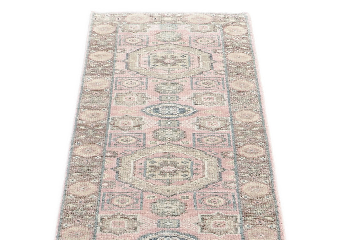 Runner Blush, Gray, Ivory Color Hand Knotted Oushak Wool Transitional Oriental Rug