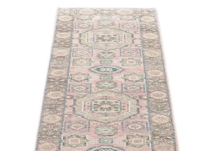 Runner Blush, Gray, Ivory Color Hand Knotted Oushak Wool Transitional Oriental Rug
