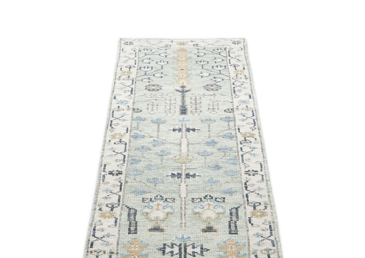 Runner Gray, Beige, Blue Color Hand Knotted Oushak Wool Transitional Oriental Rug