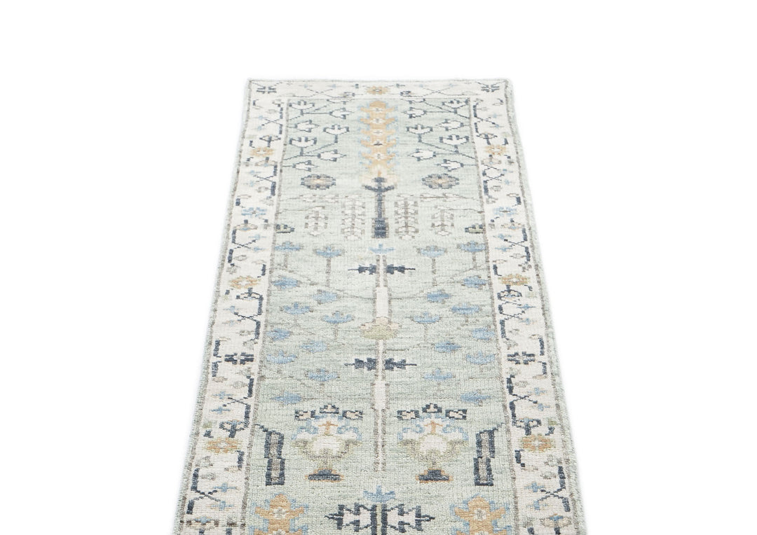 Runner Gray, Beige, Blue Color Hand Knotted Oushak Wool Transitional Oriental Rug